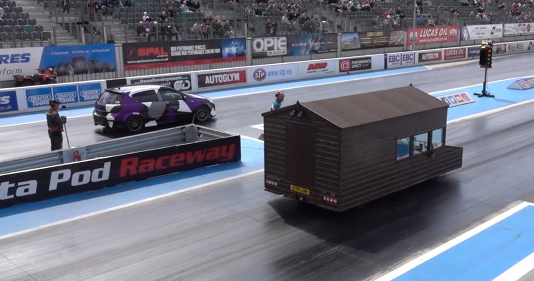 The World's Fastest Shed Takes On Reasonably Fast Cars In Drag Race Action