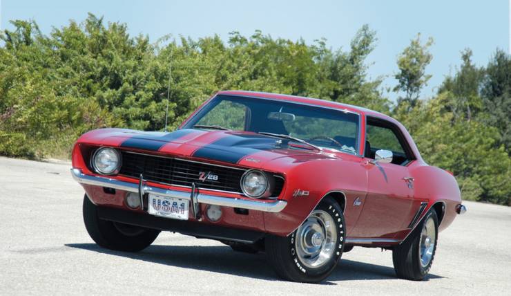 Red-1969-Chevy-Camaro-Z28-With-Black-Racing-Stripes