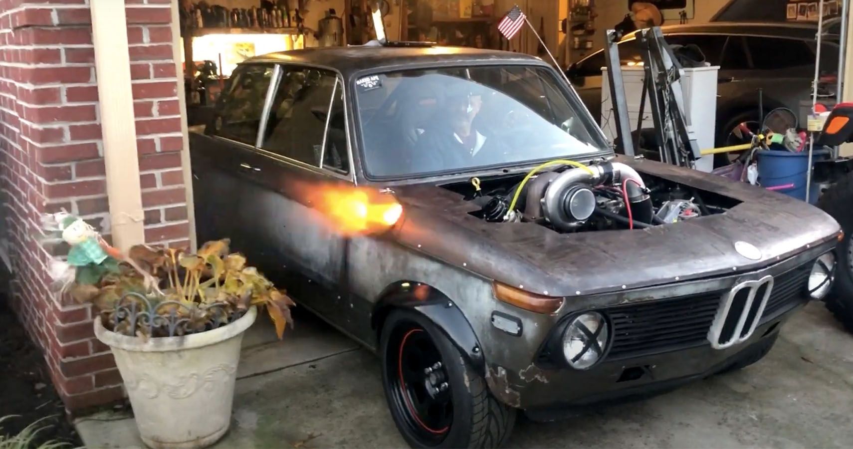 Watch This Unusual Turbo BMW 2002 Shoot Flames On A Potted Plant